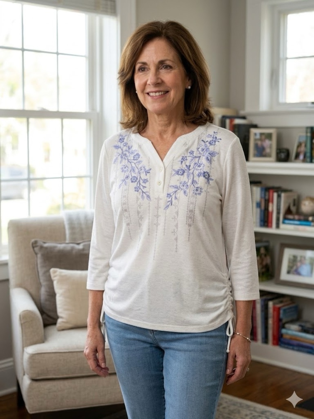 Alfred Dunner White Long-Sleeve Henley with Blue Floral Embroidery